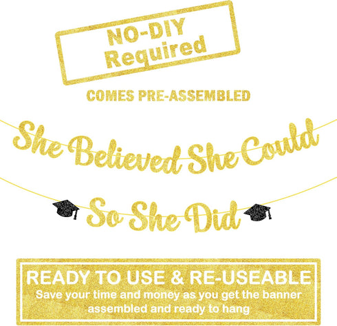 KatchOn Gold and Black She Believed She Could So She Did Banner - 10 Feet Glitter Graduation Decorations 2025