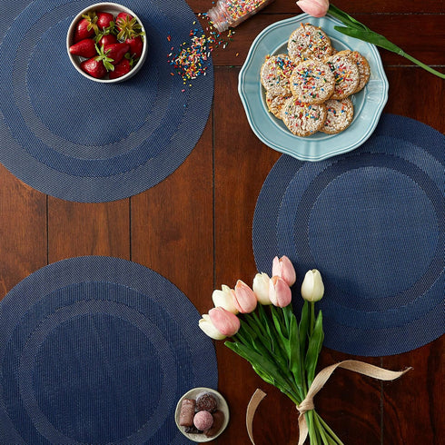 DII PVC Tabletop Collection Woven Indoor/Outdoor Round Placemat Set, Nautical Blue, 6 Piece, 13.75"