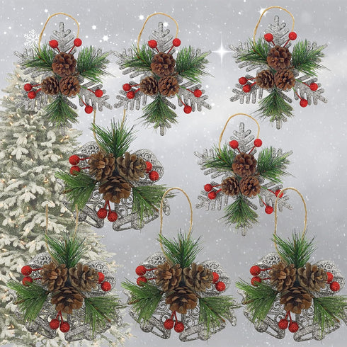 Pinecone Berry Pine Twig Christmas Ornaments, Set of 8, Glittered Snowflakes and Bells with Pine Cones and Red Berries