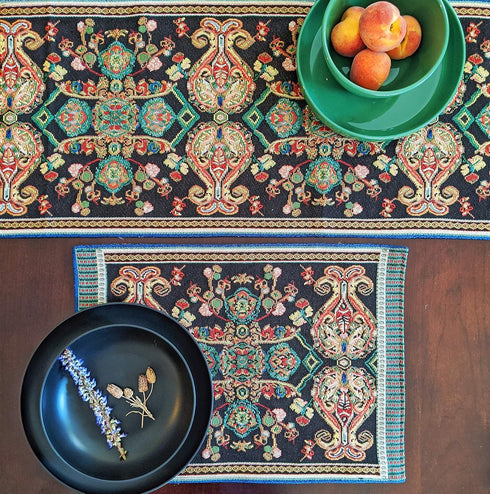 Tache Black Placemats Set of 4 - Rococo Elegant Ornate Black Green Dining Cotton Linen Bohemian Tapestry Woven Paisley
