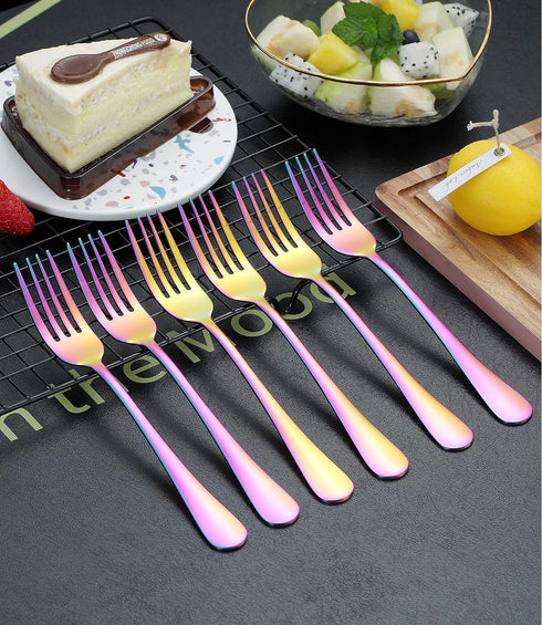 Kyraton 6 Pieces Rainbow Dinner Fork Set - Stainless Steel 8.17 Inch Colorful Titanium Plating Silverware