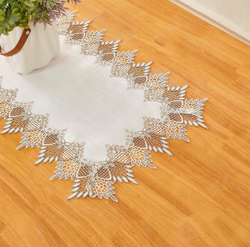 60 inches 16x60) White Linen Table Runner Long, Neutral Earth Tones Beige Lace Vinyl Dresser Scarf for Kitchen Coffee