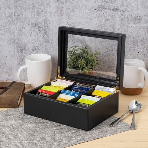 6 Break Tradition Wooden Tea Organizer For Tea Bags - Compartments, Clear Top Window, Lid Stays Open (Black)