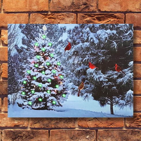 BANBERRY DESIGNS Lighted Christmas Tree & Cardinal Birds LED Canvas Print - Snowy Winter Scene Wall Art