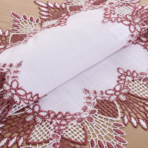 14x20 Set 2 (Set 2, White Dark Red Linen Lace Placemats of Coffee Table Topper Dresser Scarf Place Mats of Dark Red)
