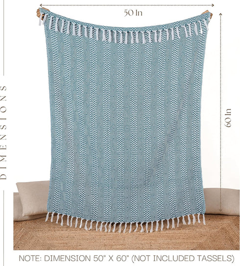 RAJRANG Rustic Throw Blanket - Decorative Tassel Cotton Throws, Geometric Woven Soft Patio Comfy Blankets Teal Blue