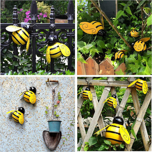 Yungeln Metal Wall Art, 4PCS Metal Bumble Bee Wall Decor, 3D Iron Bee Art Sculpture for Outdoor Home Garden
