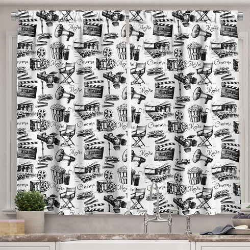Ambesonne Movie Kitchen Curtains - Vintage Film Cinema Motion Camera Action Print, 2 Panel Set, 55" X 39"
