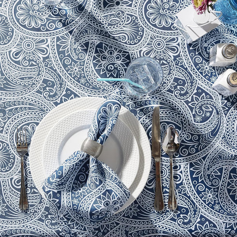 DII Paisley Outdoor Tabletop Collection, Water Resistant Tablecloth, 60" Round, Blue