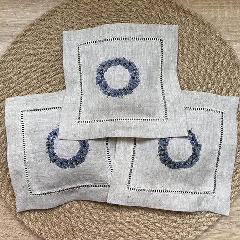 Hand Embroidered Lavender Pillow Sachet Bag “Lavender Crown” – Natural Linen Cushion 6"x6", Set of 3