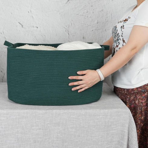 Large Rectangle Blankets Basket, 22"x17"x12" Woven Cotton Rope Storage Basket for Nursery Toy Basket, Dark Green