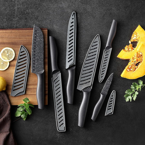 Marco Almond Kitchen Knife Set, KYA39 12-Piece Chef Knife Set, 6 Knives with 6 Blade Guards, Stainless Steel