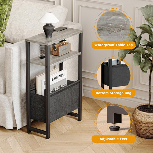 3 LET503Q Narrow Side Table, Slim End Table with Magazine Rack, Bedside Table for Small Spaces, Tier Sofa Couch Table