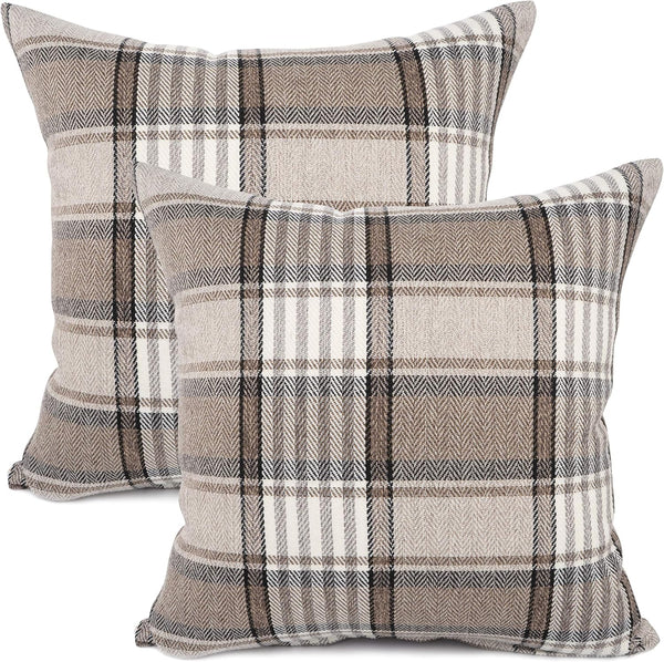 YOUR SMILE Set of 2 Retro Farmhouse Buffalo Tartan Chequer Stripe Plaid Cotton Linen Throw Pillow Case (Brown,