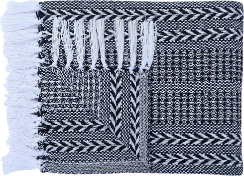 Set 50x60 Handwoven of Two - Cotton Throw Blankets, Rustic Ottoman & Batik Chair - Striped with Fringe, Picnic