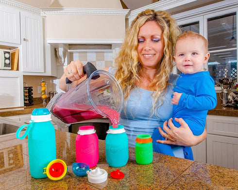 3.5 oz Purple Squeasy Snacker Spill Proof Silicone Reusable Food Pouch - for Both Soft Foods and Liquids - Water, Apple