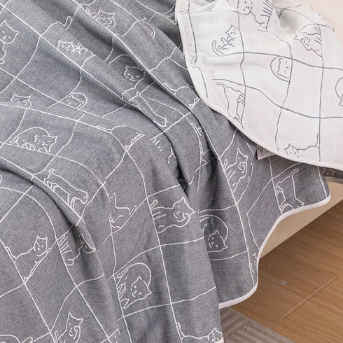 J-pinno 100% 6 70" 82") Kitty Cat in Grid Muslin Blanket Cotton Layer Quilt Bed Blanket Soft Warm Throw Sofa Couch Kids