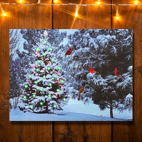 BANBERRY DESIGNS Lighted Christmas Tree & Cardinal Birds LED Canvas Print - Snowy Winter Scene Wall Art