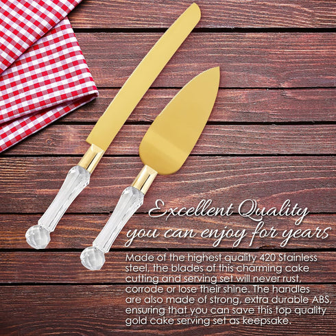 Wedding Cake Knife and Server Set, Gold Cake Cutter and Pie Spatula with Crystal Handles