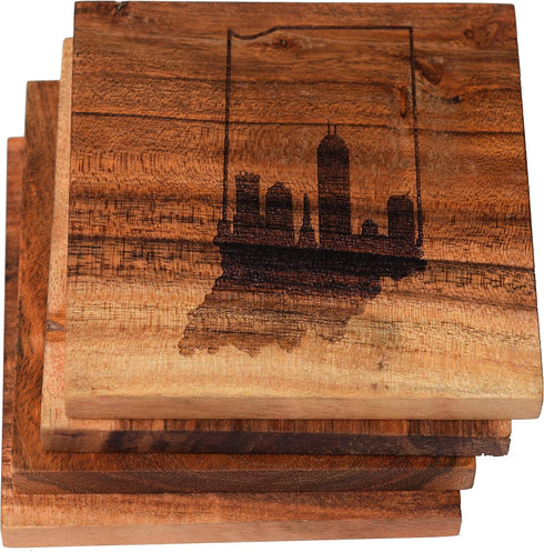 Indianapolis Coasters, Skyline Drink Coasters, Engraved Acacia Wood with Indianapolis Design, Souvenirs (Set of 4)