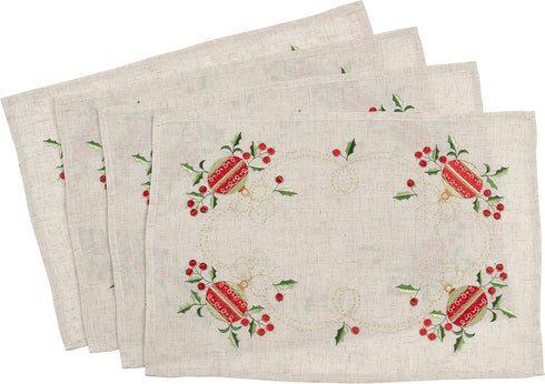 Saro Lifestyle Linen Blend Placemat Set of 4, Embroidered Ornament Design, Natural, 14"x20"
