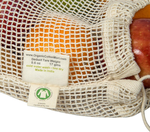 Reusable Mesh Produce Bags made from 100% Organic Cotton - Perfect Reusable Net Vegetable Bags - Eco-friendly, Bio-degradable & Washable Fruit, Vegetable & Produce Bags (3 Medium)