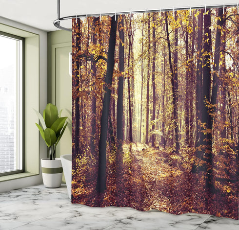 Ambesonne Forest Shower Curtain, Misty Woods Tree Nature Landscape Image, 69" W x 70" L, Pale Yellow