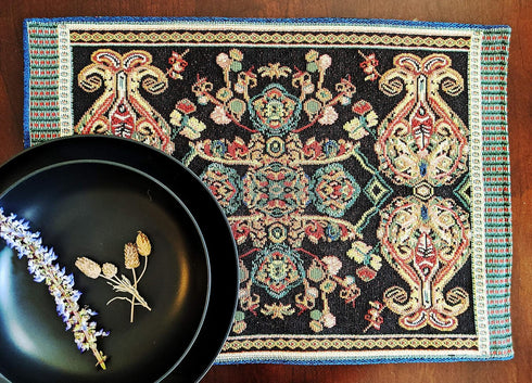 Tache Black Placemats Set of 4 - Rococo Elegant Ornate Black Green Dining Cotton Linen Bohemian Tapestry Woven Paisley