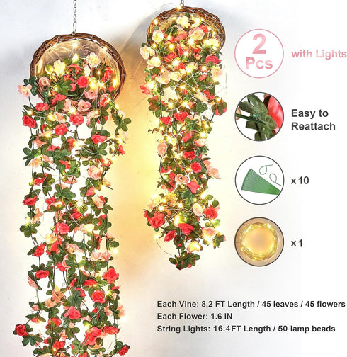 2Pcs 16.4Ft 16.4Ft BLEUM CADE Flower Garland Artificial Rose Vines with String Lights, Cute Fake Hanging Flower Vines