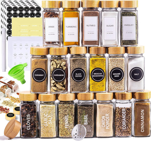 Glass Spice Jars with Label Set, Bamboo Lids & Funnel - Kitchen