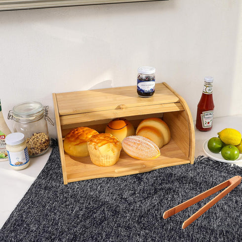 PENGKE Large Bamboo Roll Top Bread Box, Natural Bread Holder for Kitchen Food Storage Countertop