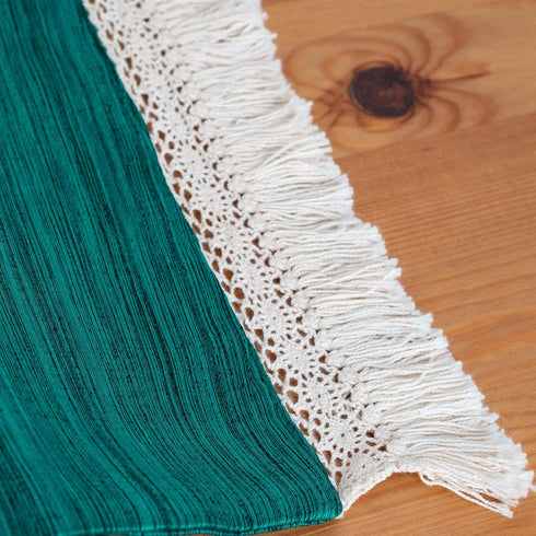 Teal Green Kitchen Table Runners with Macrame Lace Boho Decor (Pack of 1, 13x90 inch) - Properly Finished, No Fray Edges