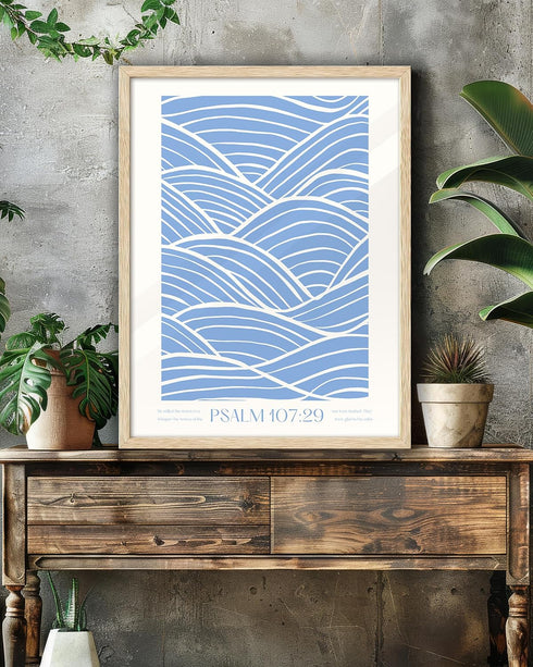 EcoHest 12x16 107:29 Set 1 Modern Christian Ocean Waves Framed Wall Art, in OAK Wood Christian Psalm Canvas Wall Art