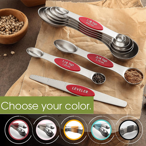 Spring Chef Red Stainless Steel Magnetic Measuring Spoons Set of 8 with Leveler, Kitchen Gadgets for Baking & Cooking