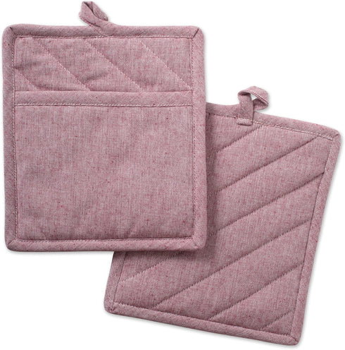 DII 100% Cotton Solid Chambray Kitchen Set, Barn Red, 2 Piece Potholders
