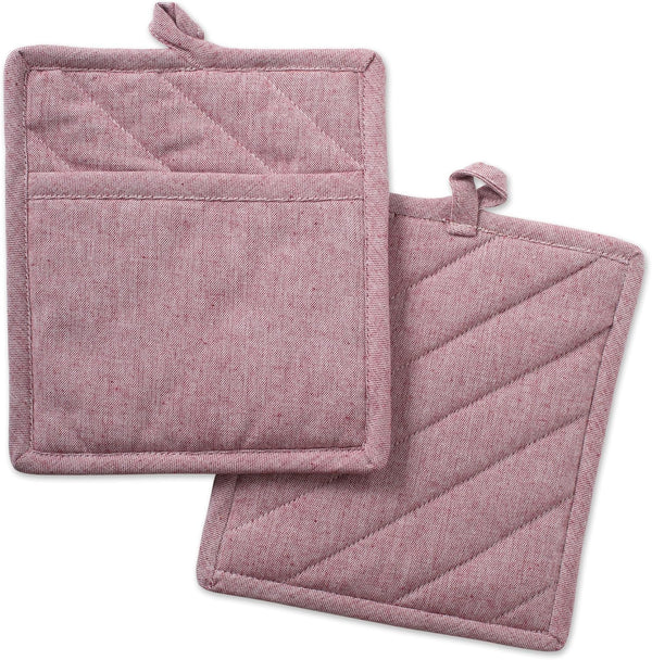 DII 100% Cotton Solid Chambray Kitchen Set, Barn Red, 2 Piece Potholders