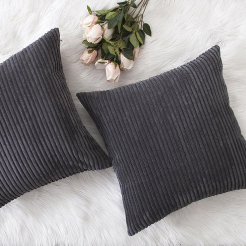 Home Brilliant Grey Pillow Covers, Set of 2 Soft Decorative Striped Corduroy Velvet Square Throw Pillow Cover 18 x 18