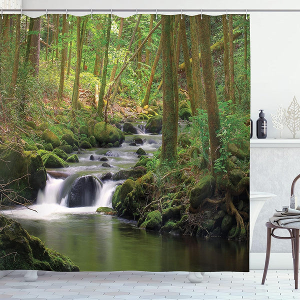Ambesonne Nature Shower Curtain, Stream Flowing in Forest with Mossy Rocks, 69" W x 75" L, Green Brown