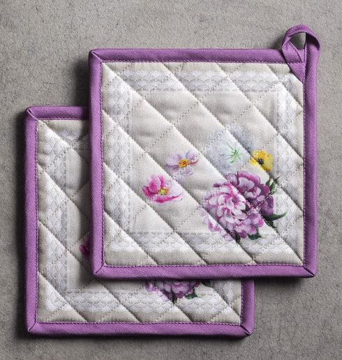 Maison d' Hermine Pot Holders Set of 2, 100% Cotton Heat Resistant Potholders 8" x 8" for BBQ, Cooking, Baking, Pivoine