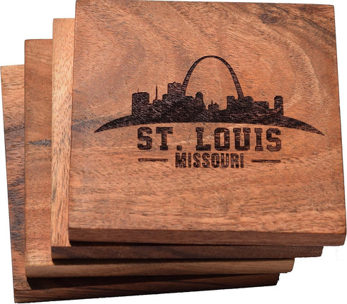 St Louis Coasters, Skyline Drink Coasters, Engraved Acacia Wood with St Louis Design, Souvenirs (Set of 4)