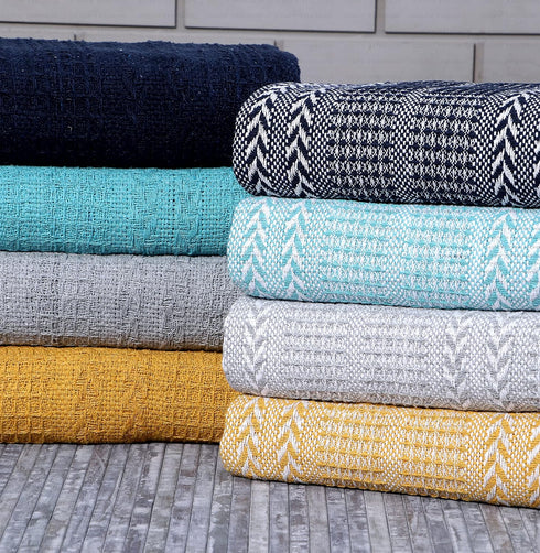 Set 50x60 Handwoven of Two - Cotton Throw Blankets, Rustic Ottoman & Batik Chair - Striped with Fringe, Picnic