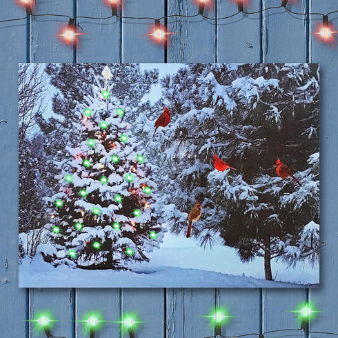 BANBERRY DESIGNS Lighted Christmas Tree & Cardinal Birds LED Canvas Print - Snowy Winter Scene Wall Art