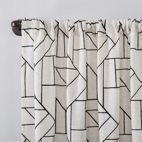 Archaeo Mid-Century Modern Fragmented Geometric Embroidery Curtain, Natural Linen Blend, 50" x 63", Black/Linen