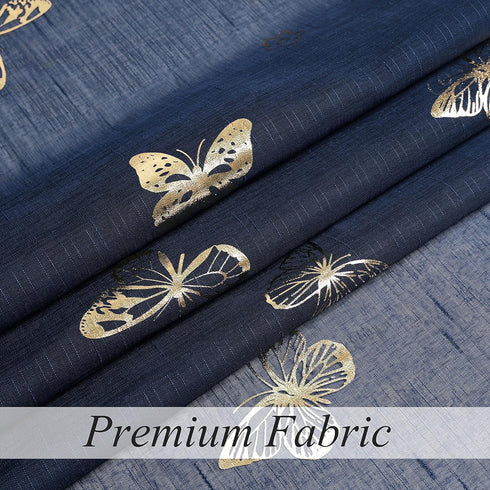 Jubilantex Navy Blue Butterfly Sheer Curtains with Gold Print Pattern, 63 Inch Long, 2 Panels for Kids Nursery Bedroom