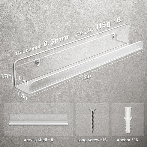 8 Pack 12 inch Album Gotega Vinyl Record Shelf Wall Mount, Record Holder Display, Clear Acrylic Floating Shelves