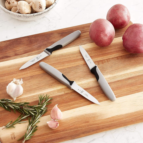 Mercer Culinary M19903 3-Pack Slim Serrated Paring Knives, Black Handle, 3-Inch