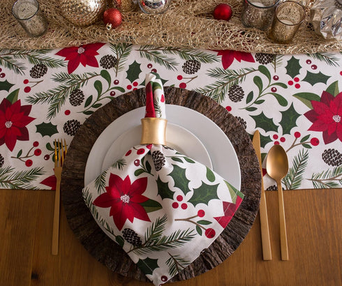 DII Woodland Holly Christmas Holiday Table Runner, 14x72, Poinsettia & Christmas Greenery