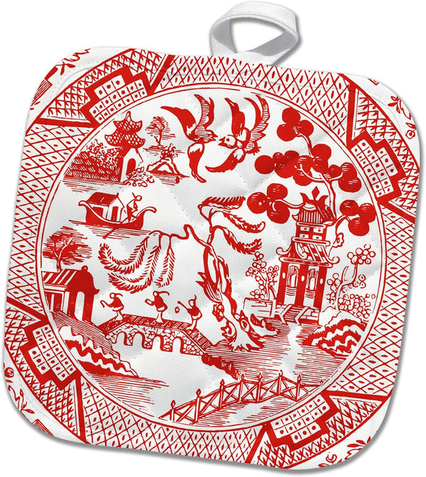 3dRose Pot Holder with Willow Pattern Detail in Red and White, 8 by 8"