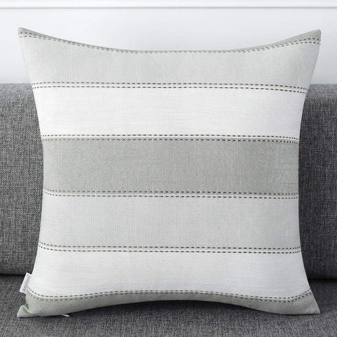 AmHoo Pack of 2 Light Grey Beige Farmhouse Stripe Check Throw Pillow Covers, Cotton Linen Decorative Cushion Case