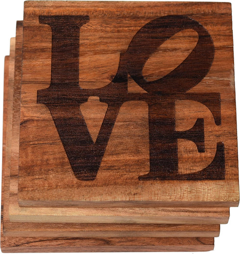 Philadelphia Coasters, Engraved Acacia Wood Drink Coasters - Philadelphia Brotherly Love Gifts (Set of 4)